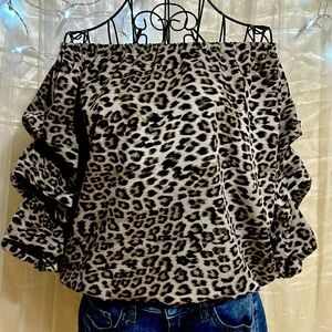 Express Off the Shoulder Leopard Blouse with Slouchy Sleeves